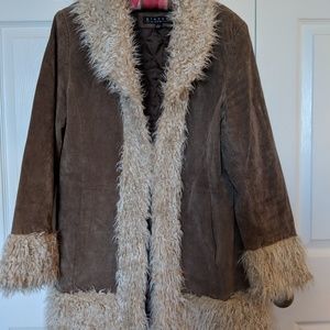 Vintage Suede Leather Coat with Faux Fur trim